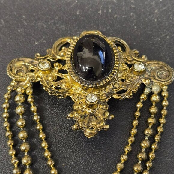 VTG Germany Baroque Revival Gold Tone Brooch Black Cabochon Rhinestones FLAW - Picture 2 of 10